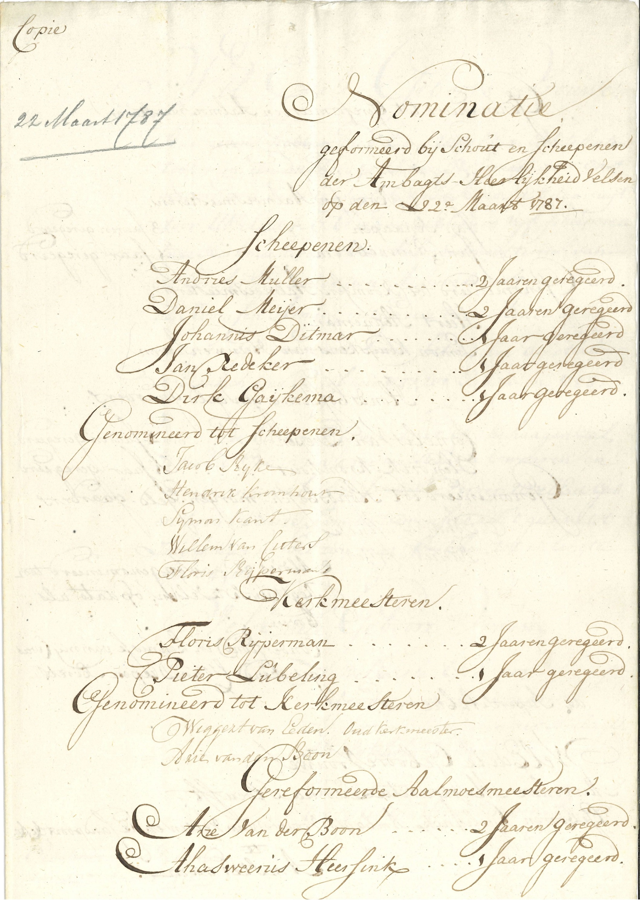 Lijst uit 1787 met nominaties voor verschillende baantjes in de heerlijkheid Velsen. 