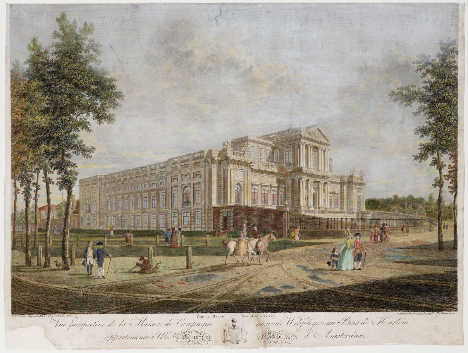 Op deze afbeelding zie je personen uit verschillende standen weergegeven. Op de achtergrond zie je Paviljoen Welgelegen 1792