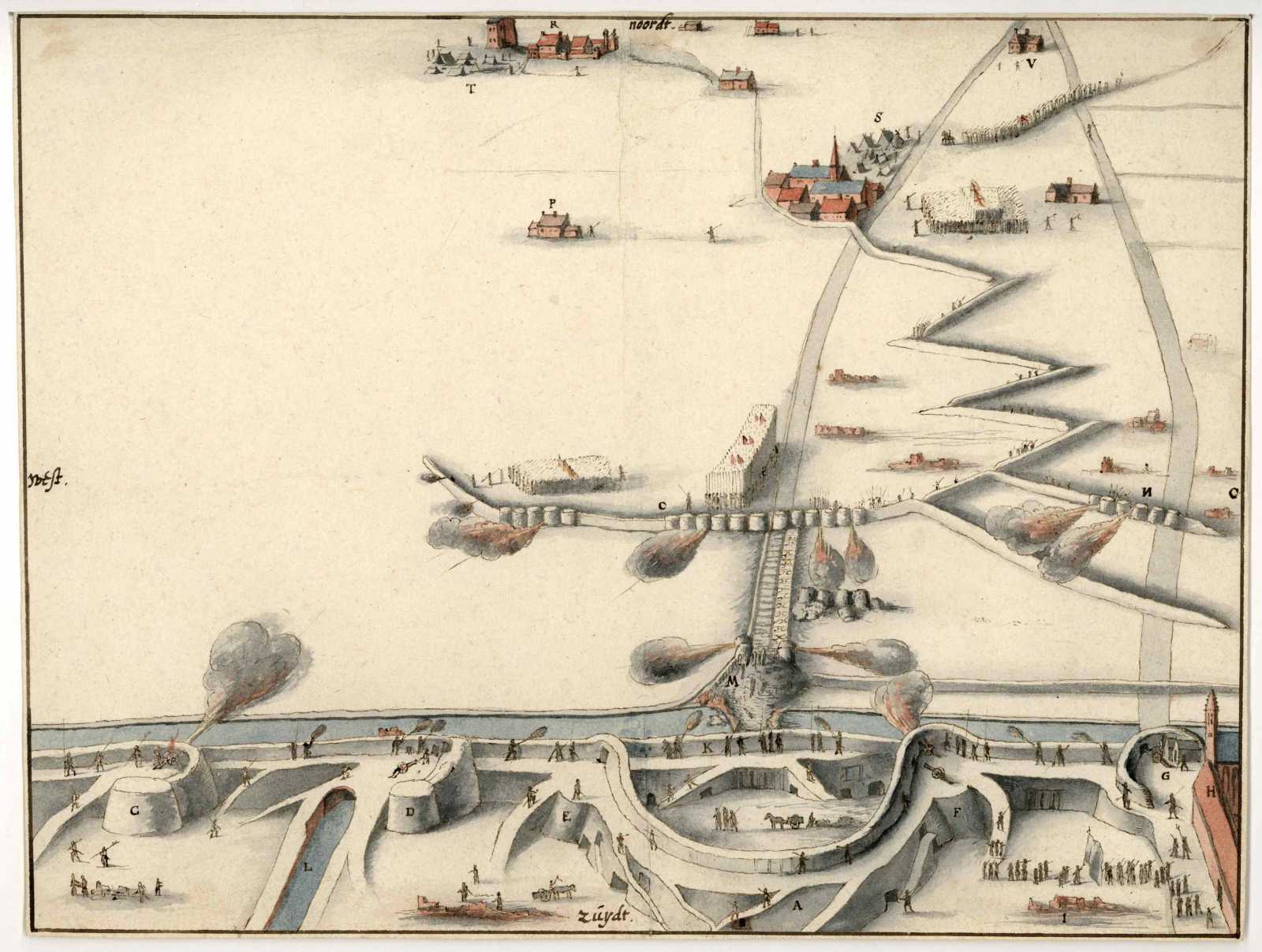 Tekening van de aanvals- en verdedigingswerken van de Spanjaarden en de Haarlemmers aan de noordzijde van de stad tijdens het Beleg van Haarlem. 