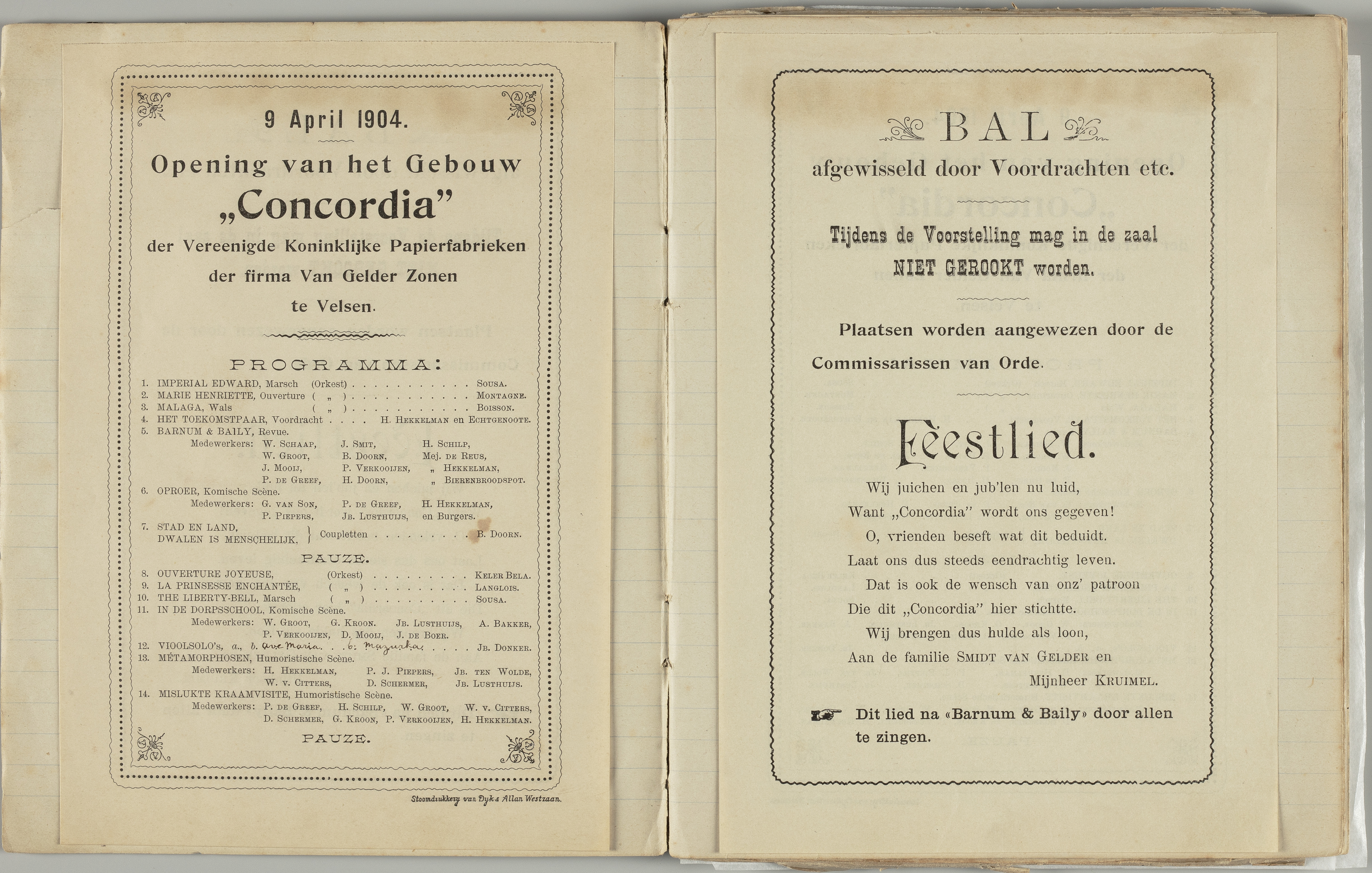 Pagina's uit een schriftje over de opening van verenigingsgebouw Concordia in 1904