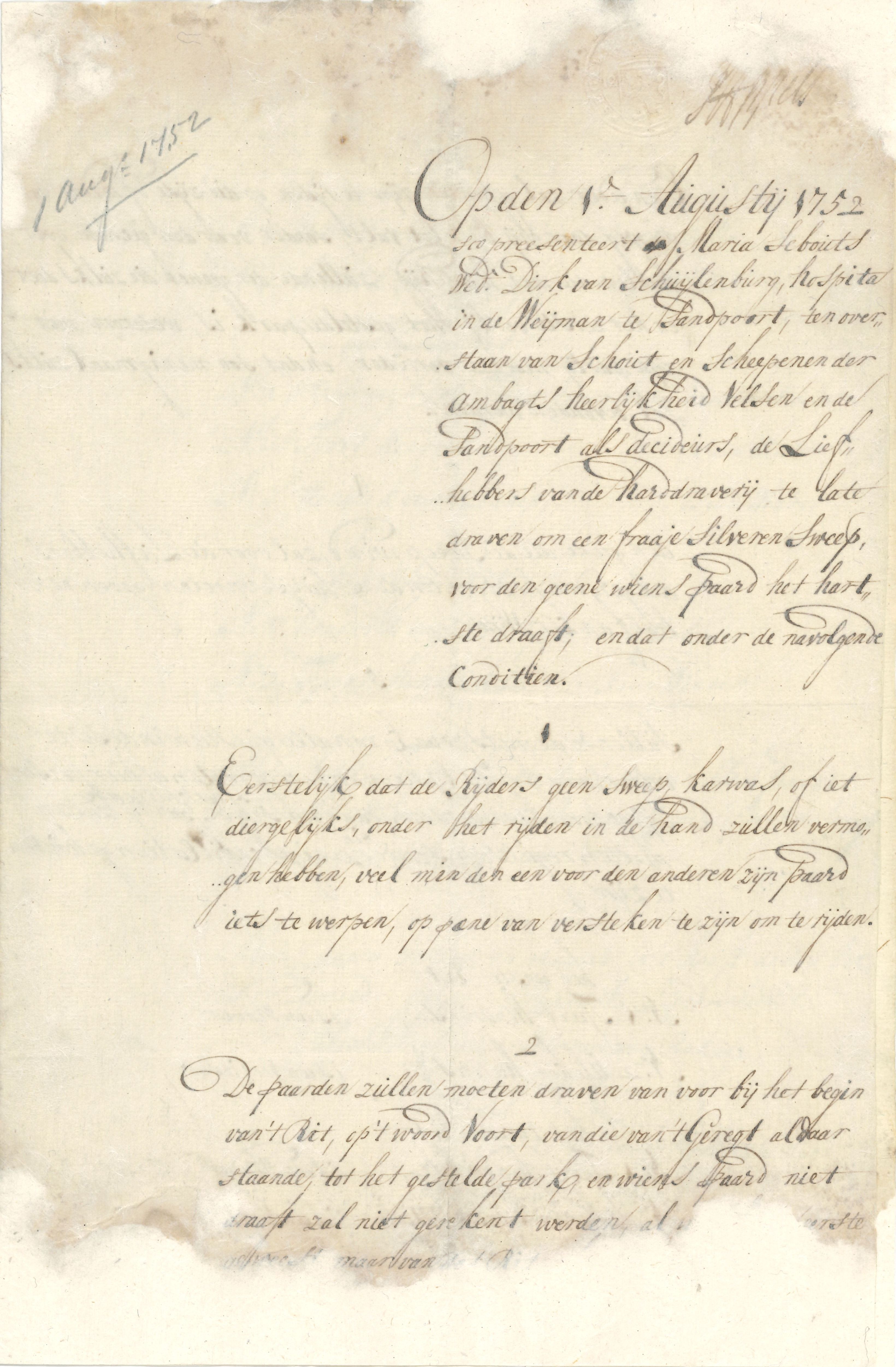 Document uit 1752 waarin de Kortebaan Santpoort voor het eerst genoemd wordt
