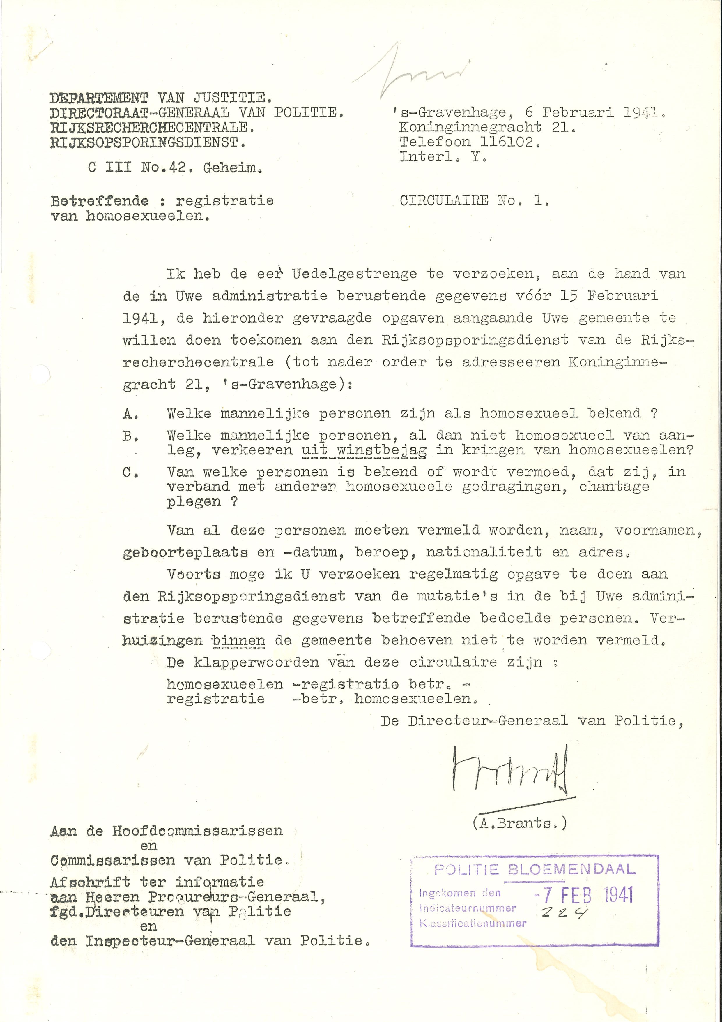 Briefwisseling over een lijst met veroordeelde homoseksuelen in Bloemendaal in 1941