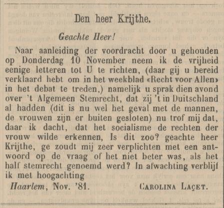 Ingezonden brief van Carolina Lacet naar de krant Recht voor Allen in 1881. 